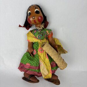 Vtg 70s Mexican Folk Art Handmade 10 in Woman Doll pink green dress basket girl